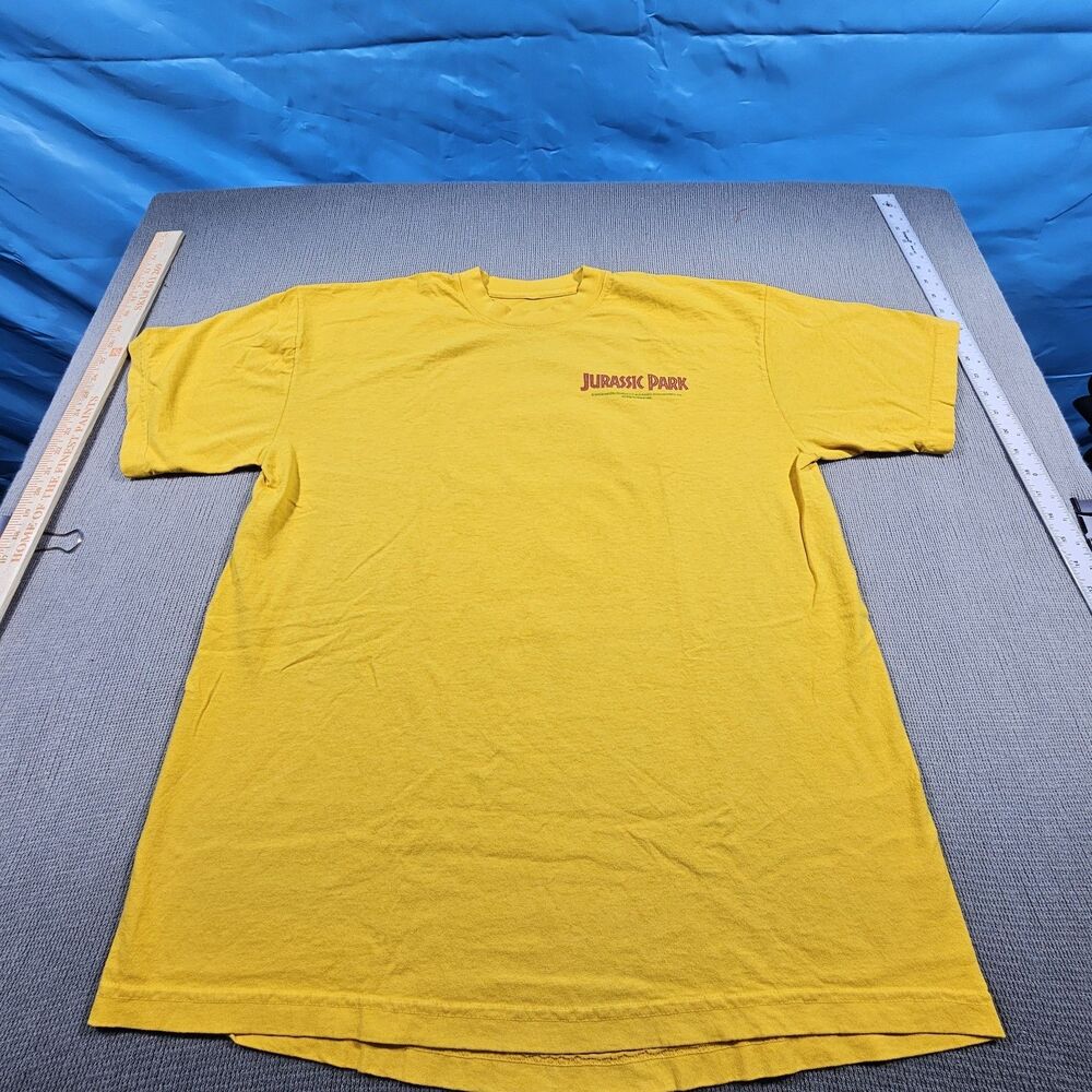 VTG Dumbgood Jurassic Park Graphic Logo Crew Neck T-Shirt Yellow Mens L - Picture 2 of 5
